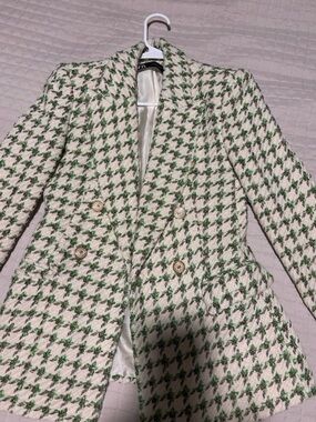 Zara Cream & Green Houndstooth Double-Breasted Blazer
